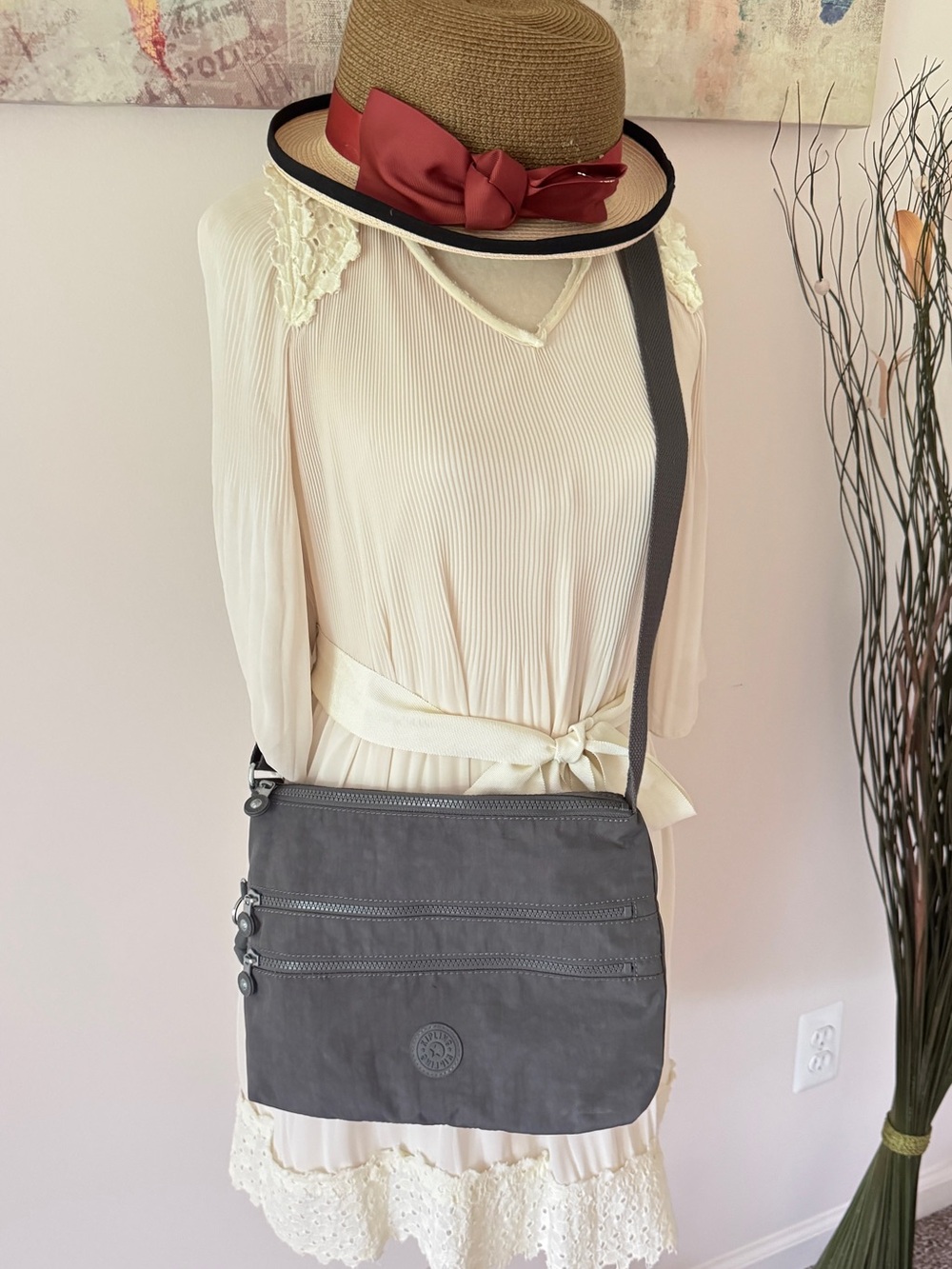 Kipling Gray Crossbody Bag with Triple Zip Pockets
